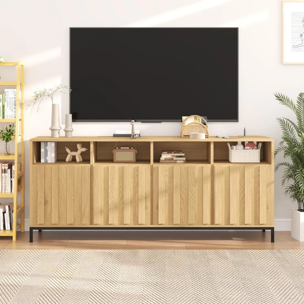 

70 Fluted TV Stand for TVs Up to 80, Modern Farmhouse Entertainment Center with Power Outlet & Adjustable Shelves, W