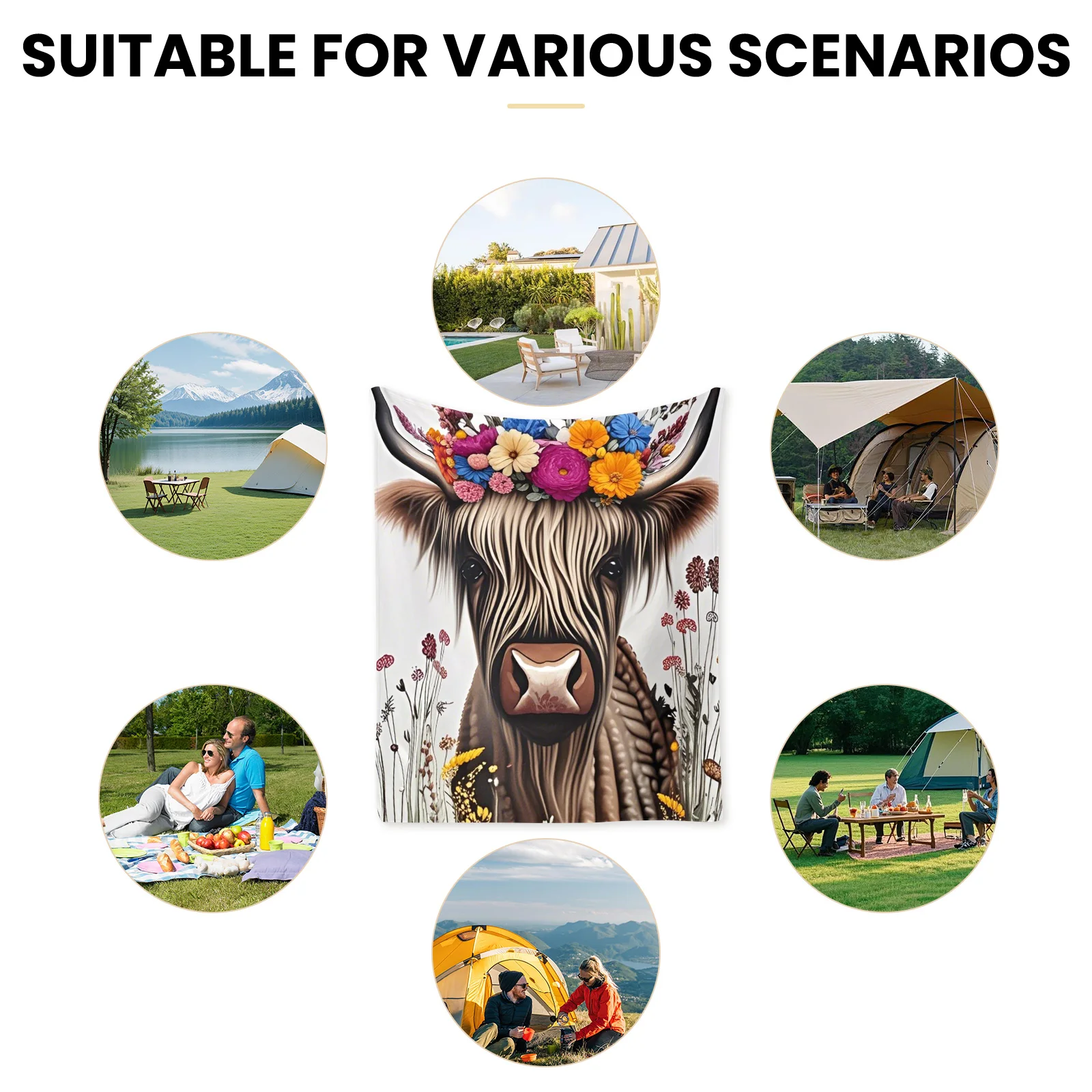 Manta exterior floral y de vaca de las tierras altas con fondo blanco y diseño de dibujos animados para picnics y relajación en la naturaleza