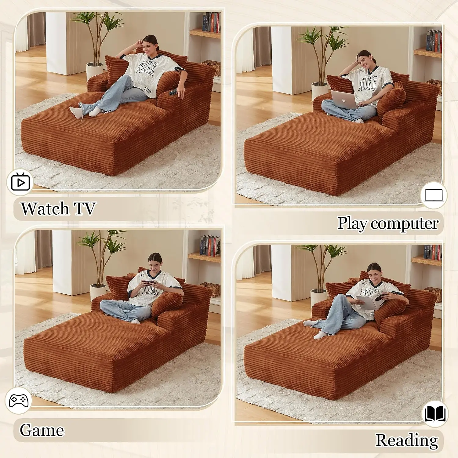 80 Inch Chaise Lounge, Corduroy Boneless Sofa Bed, Deep Seat Sleeper for Living Room, No Assembly Required, Customized