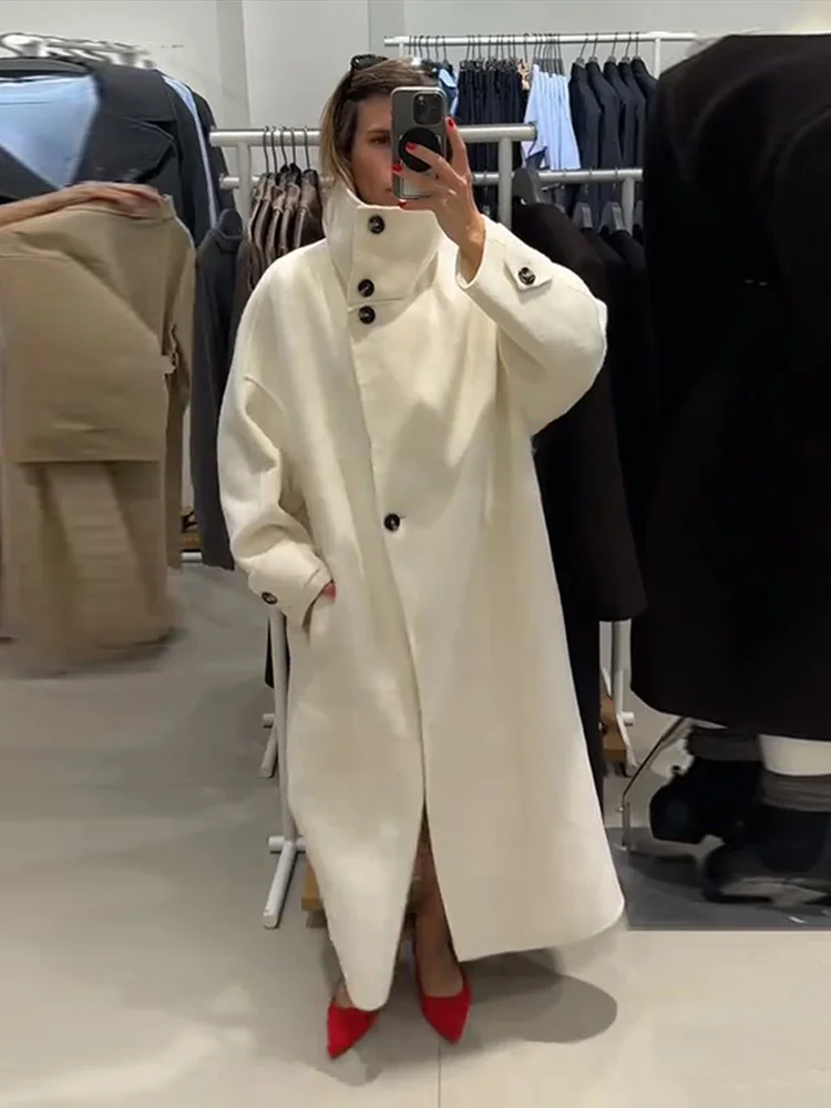 

Stand Collar Solid Women's Overcoat Loose Single Breasted Long Sleeves Casual Long Coats Street Commute Lady New Outeerwear