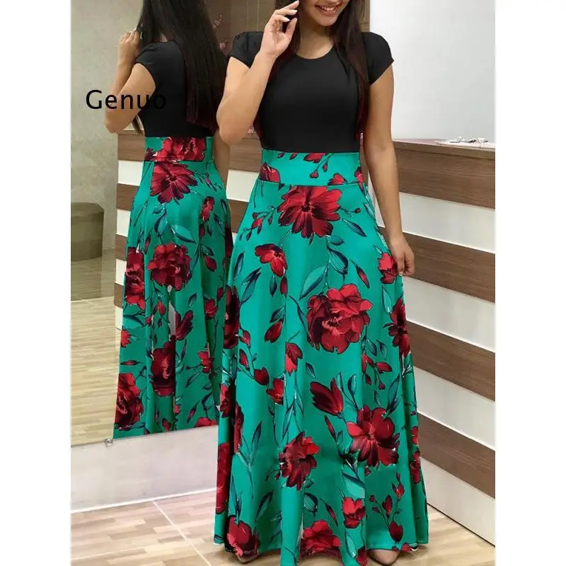 2026 Women Floral Print Maxi Skirt Color Block Design for Casual and Vacation Wear