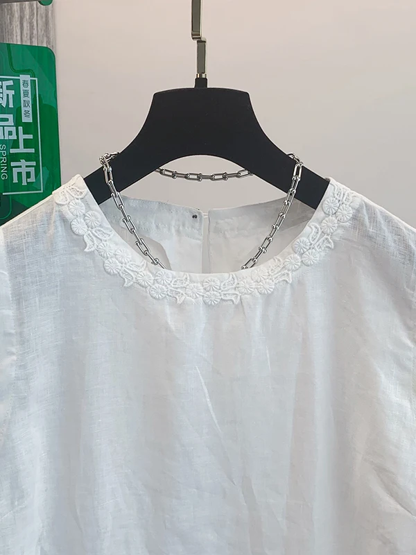 레이스 트림 자수 리넨 민소매 조끼 루즈 라운드넥 여름 상의 여성 패션 편안하고 통기성 좋은 캐주얼웨어