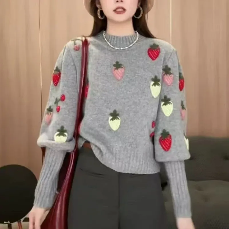 Autumn and Winter New Heavy Industry Crochet Strawberry Semi-turtleneck Knit Women's Gray Balloon Sleeve Thick Sweater