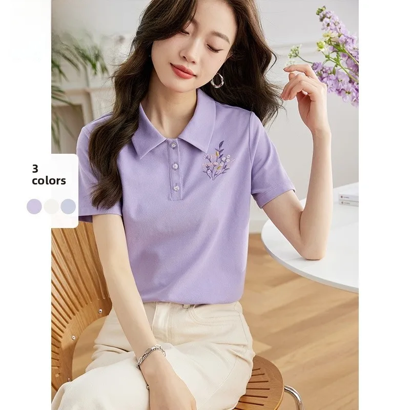

Casual ort Sve Embroidered irt Women's Turn-down Collar T-irt Slimming Cotton Blend Busin Casual Sle
