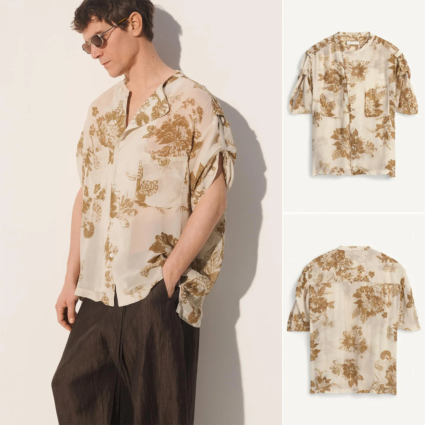 

New Summer Men's Casual Loose Fit round Neck Short Sleeve Floral Print Shirt Draping Polyester Fiber Skin-friendly Breathable