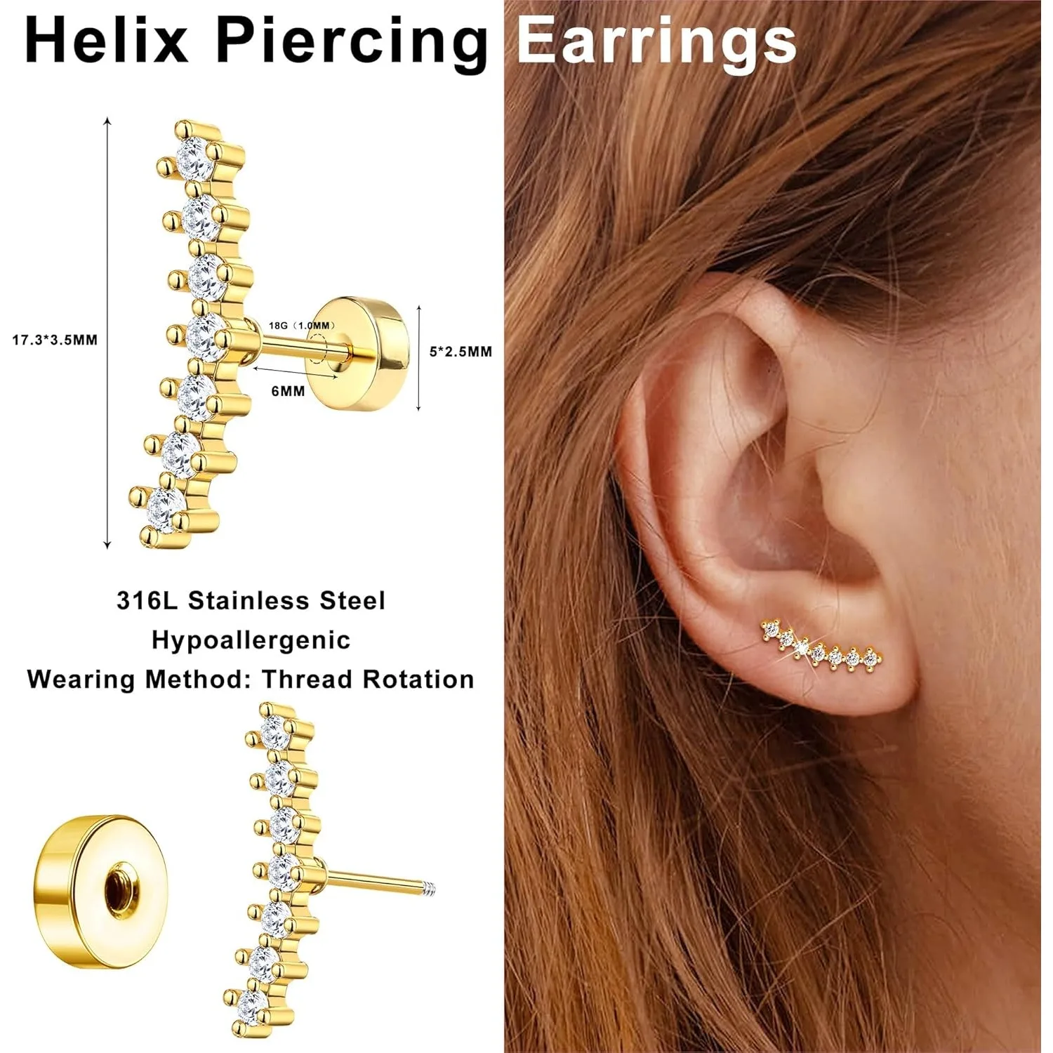 Drperfect 1 pair Helix Cartilage Piercing Jewelry Stainless Steel Earrings for Women 16G Flat Back Earrings Stud Conch Piercing