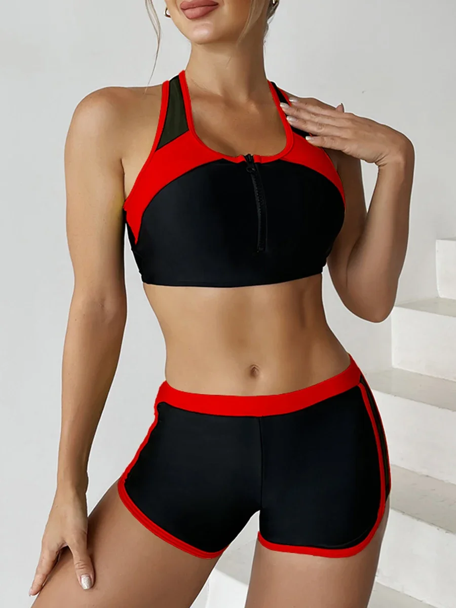 2024 Zipper Bikini Set Two Piece Swimsuit Women With Shorts Sports Swimwear Female Bathing Swimming Suit Beach Wear Black White