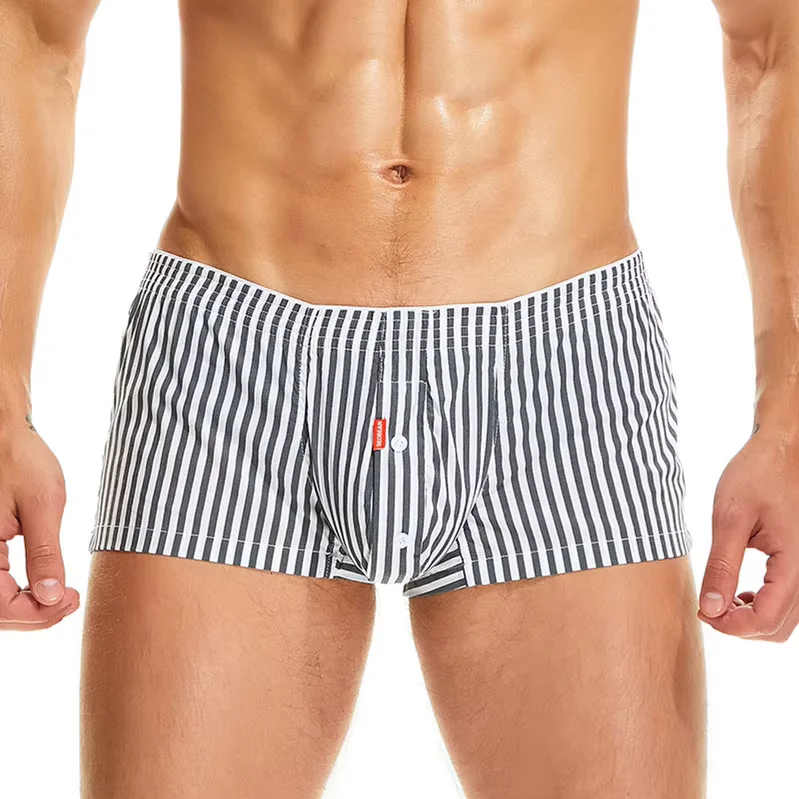 Striped Cotton Bugle Boxy Underwear for Men Sexy Low Waist U Convex Pouch Boxer Shorts Homewear No Elastic Loose Lounge Pajamas
