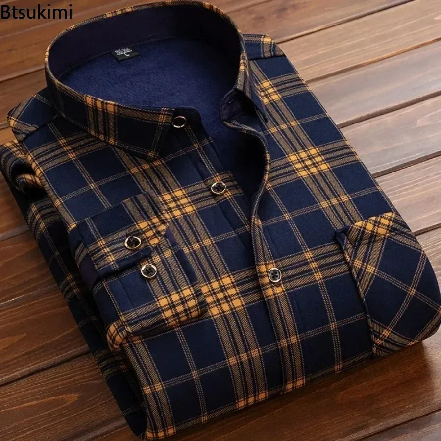 2026 Men's Autumn Winter Casual Fleece Plaid Shirt Fashion Soft Warm Turn Down Collar Long Sleeve Shirt Male High-Quality Tops