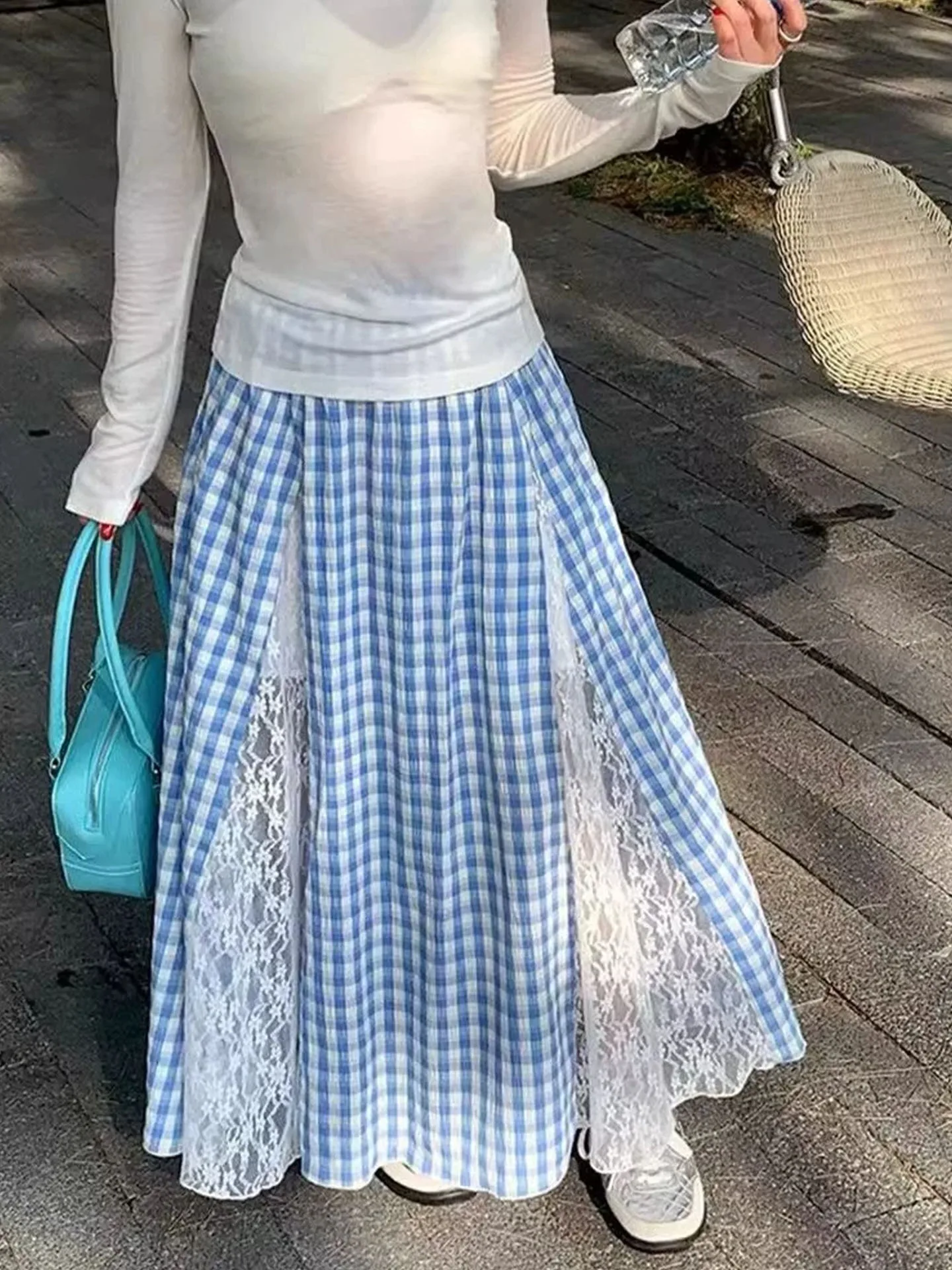 plus Size 300 Pounds Plaid Splicing Lace Midi Skirt Women's Autumn Plump MM Mid-Length Slimming Design Sense Skirt