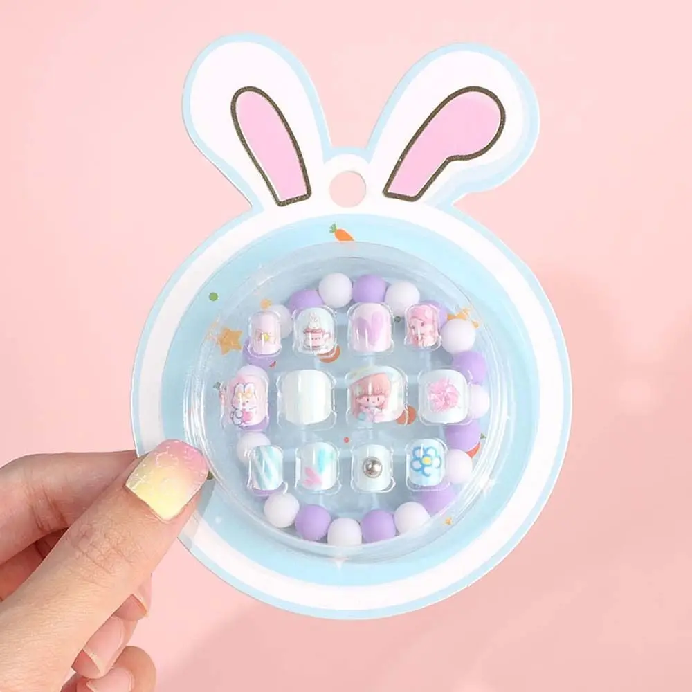

12Pcs/set Manicure Material Children False Nails Bracelet Nail Accessories with Bracelet Kids Cartoon Fake Nails