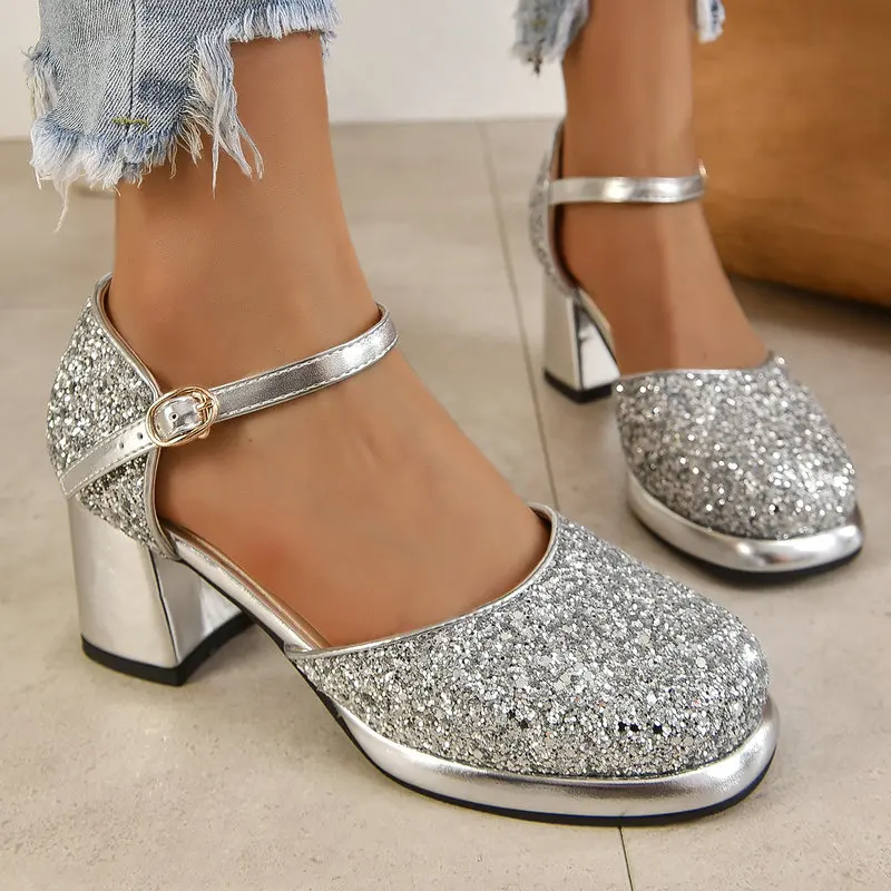 Golden Silver Glitter Bling Shiny Ladies Party Wedding Shoes Summer Mary Janes Square High Heels Big Size 46 47 48 Women Sandals