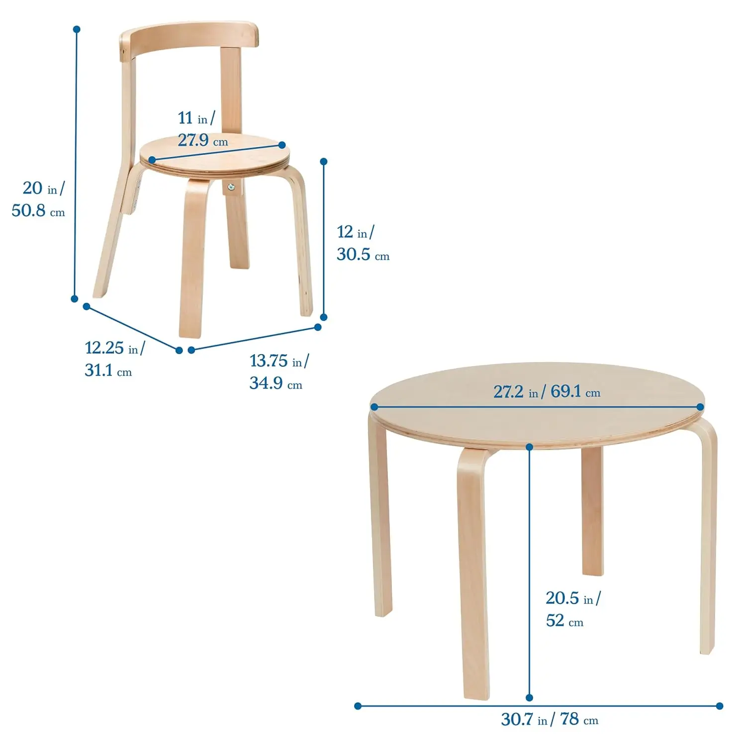 Bentwood Round Table and Curved Back Chair Set, Kids Furniture, Natural, 5-Piece