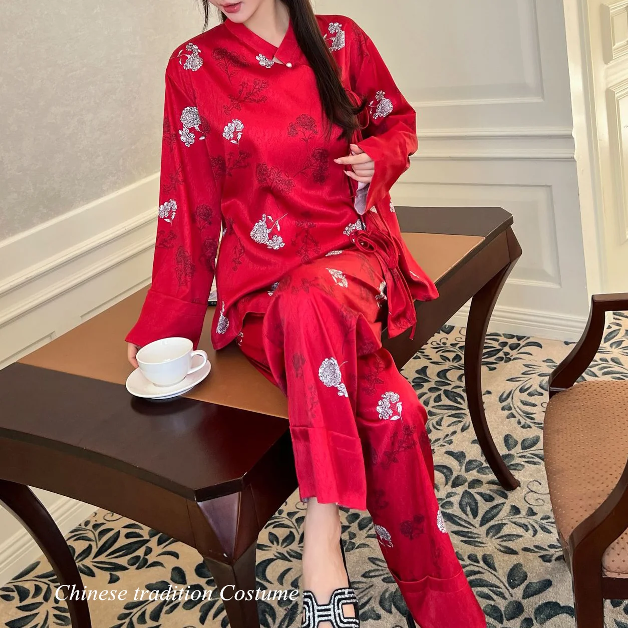 Red Chinese Style Pajamas Set Long Sleeve Homewear Satin Jacquard Nightwear Loose Top&pants 2Pcs Pijamas Women Sleepwear