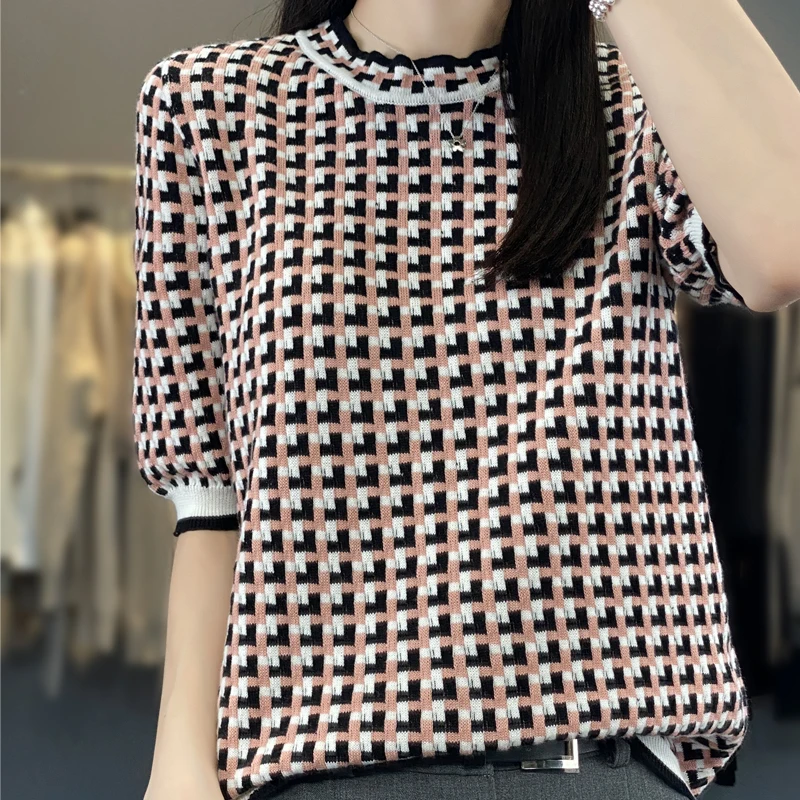 Spring And Summer New Women\'s T-Shirt Pullover Short Sleeve Contrast Checker Fashion Loose Top Casual Sweater