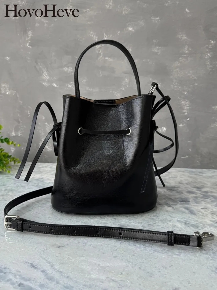 British Female Genuine Leather Crossbody Bags Versatile Ladies Drawstring Handbag Solid Color Cowhide Single Shoulder Bag