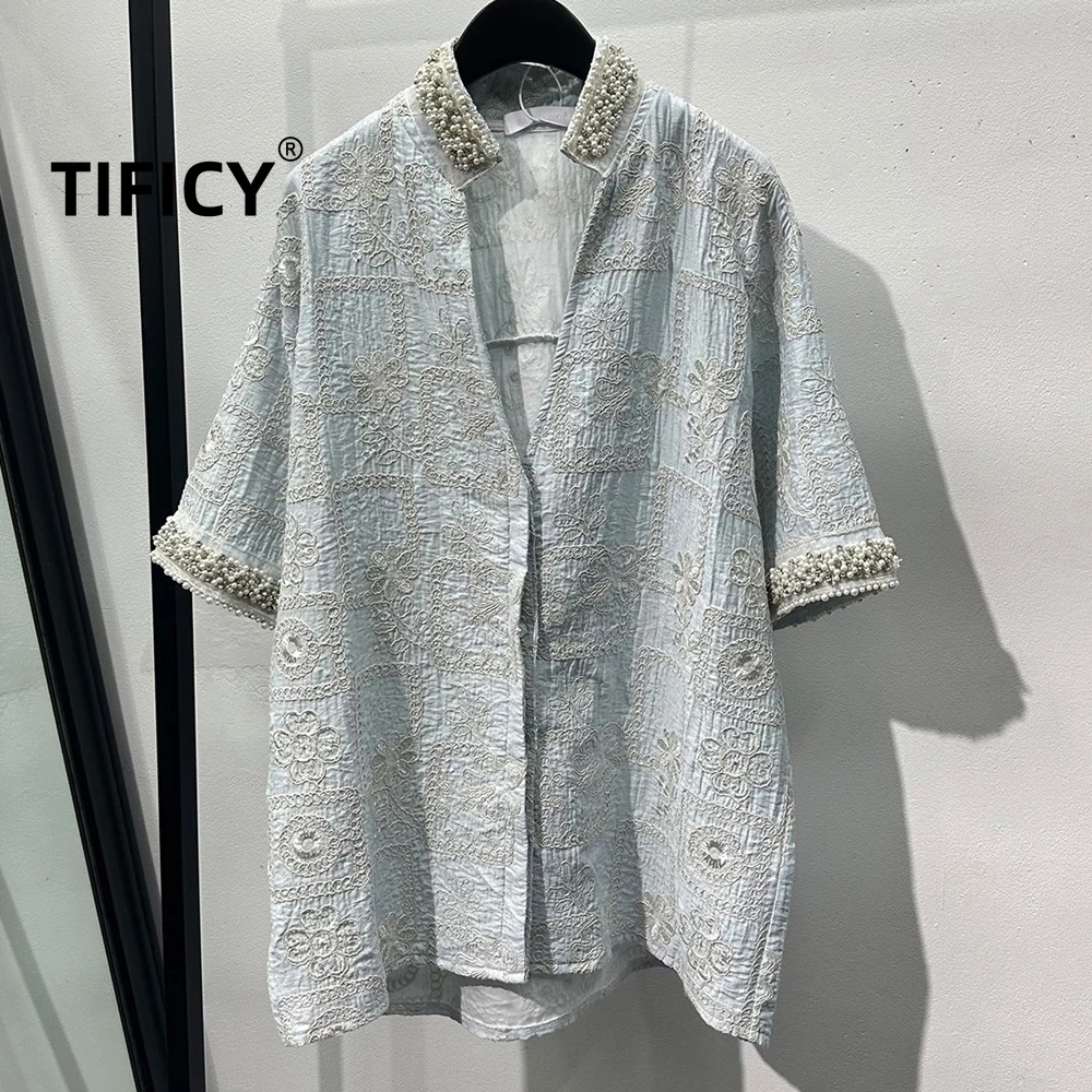 High Street Dark Style High-end Heavy Nail Bead Design Short Sleeved Shirt Tops Men's Loose Casual Versatile Streetwear Shirt