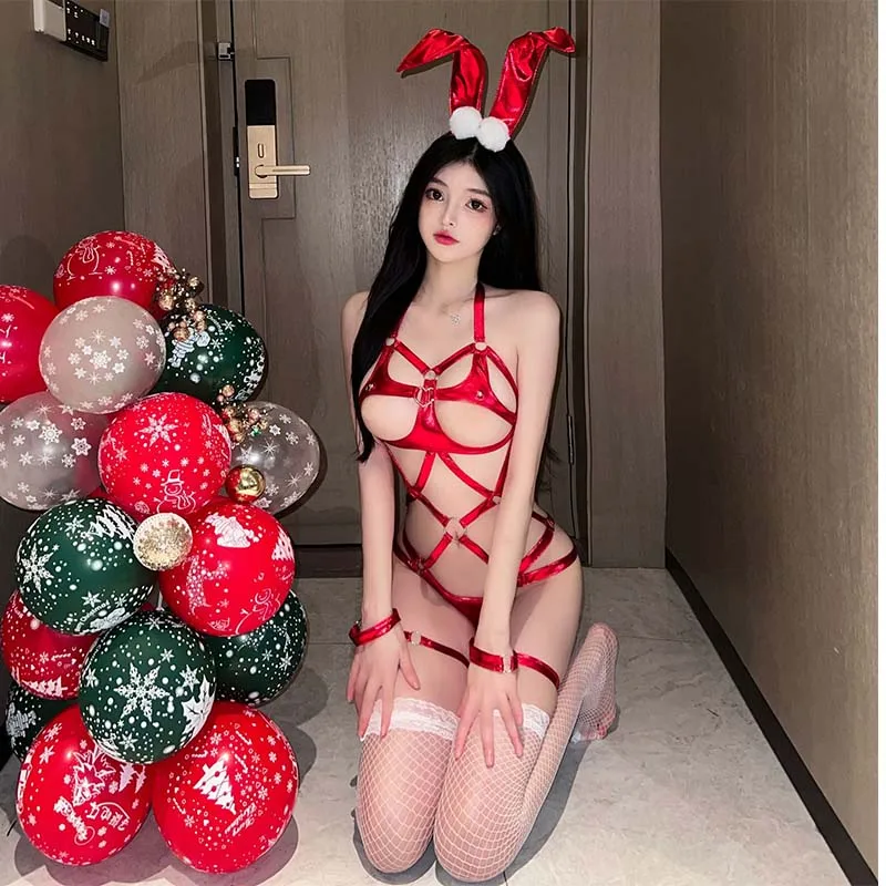 Women Bunny Hollow Out Full Body Harness Leather Lingerie Rabbit Ear Bondage Body Cage Erotic Bodysuit Cosplay Costumes