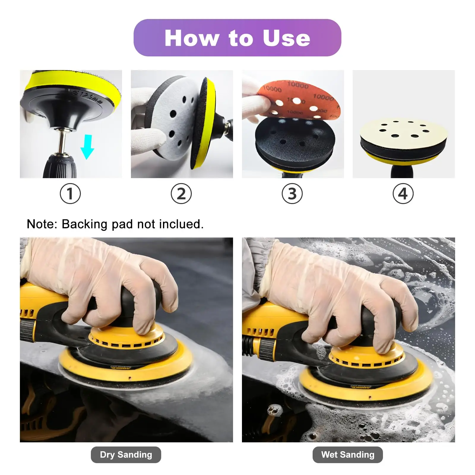 122 Pcs 5 Inch 8 Hole Hook & Loop Wet/Dry Sanding Discs with 2 Interface Pads Assorted Grits 320-3000 for Car Wood and Meta