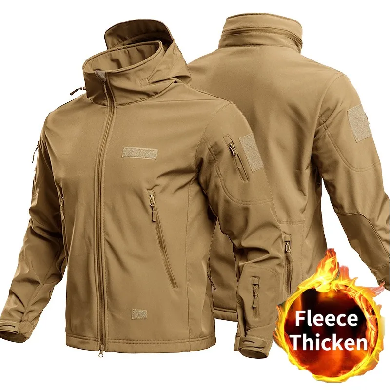 Winter Men Hooded Tactical Jacket Warm Fleece Wind Resistant Soft Shell Coat Multi Storage Zipper Pockets for Outdoor Hiking