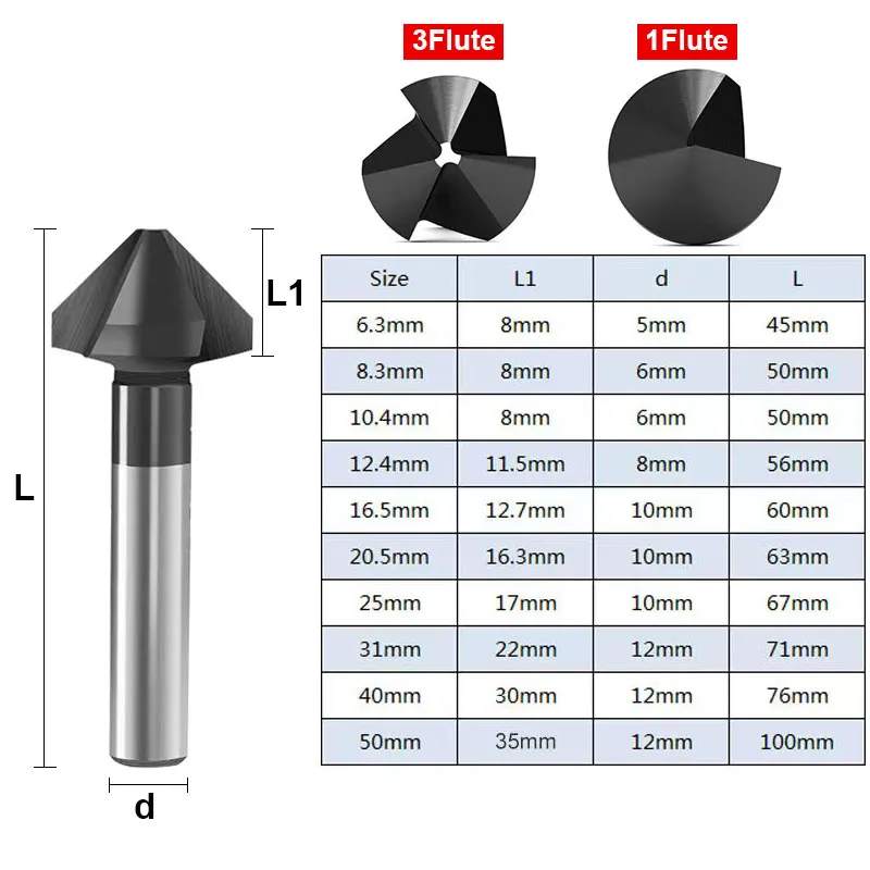 1 Flute/3 Flutes 90 Degree Chamfer Cutter 6.3mm-50mm M35 Cobalt TiAlN Coated Countersink Drill Bit Metal Deburring Milling Tool