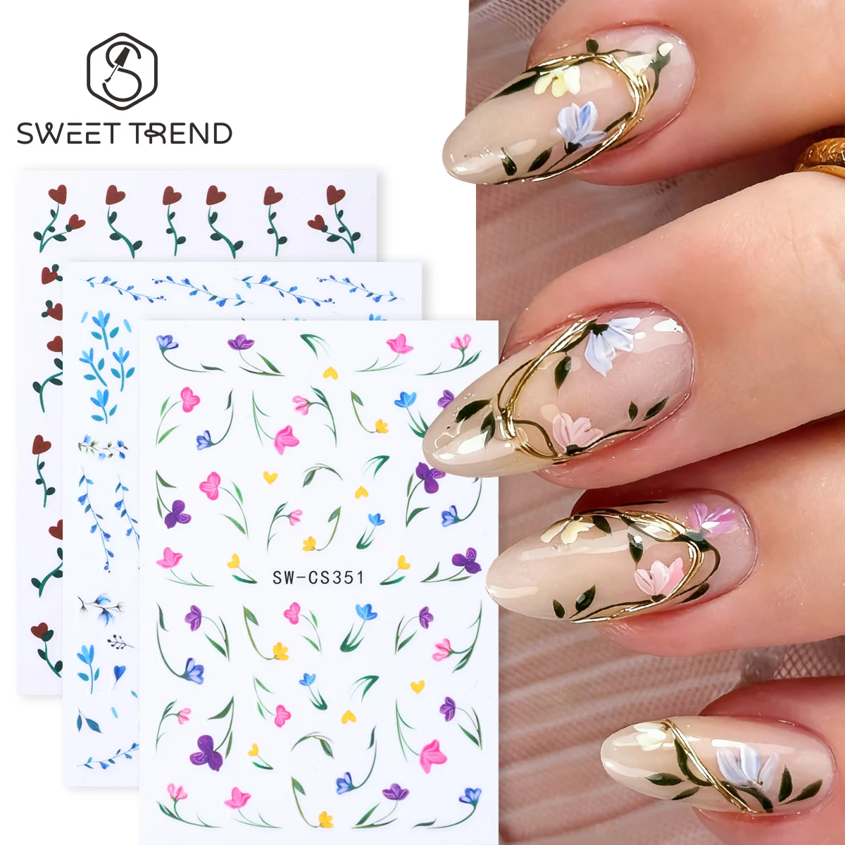 

3pcs Summer Vine Flowers Nails Art Stickers Painting Floral Plant Blue Leaf Heart Adhesive Decals Elegant Simple Foils Manicure