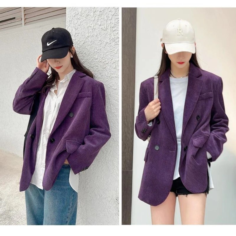 Purple Corduroy Blazer Women Autumn Winter Jacket Vestido Luxury Brand Coat Office Ladies Long Sleeve Button Stylish Suit Trend