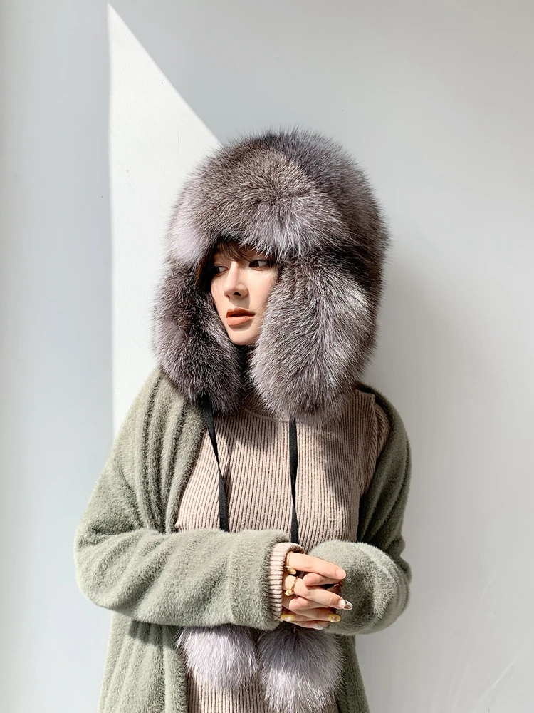 Genuine Silver Fox Fur Bomber Hat Unisex, Extreme Warm Trapper Hat with Large Fox Pompom Ear Flaps Winter Outdoor