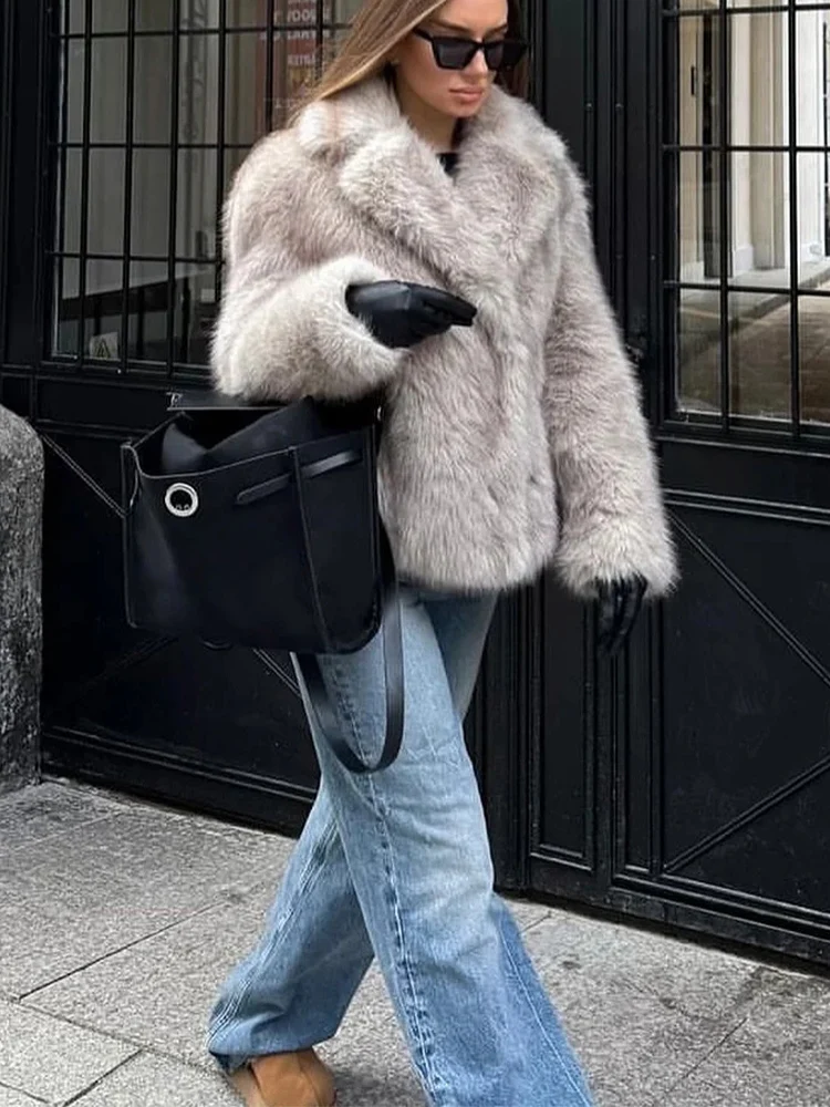 

HH 2024, женское винтажное однотонное пальто из искусственного меха с отложным воротником и длинными рукавами, теплые плюшевые шерстяные пальто, женская зимне-осенняя верхняя одежда