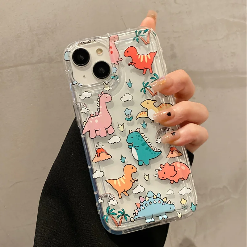 Cute Dinosaur Phone Case For iPhone 16 Case iPhone 15 Pro 13 11 12 14 Pro Max XR XS X 7 8 Plus SE2 Airbag Cartoon Animals Cover