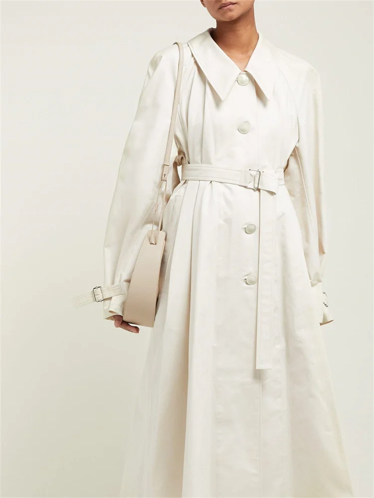 

Lady Single-Breasted Commuting Long Trench Coat with Sashes Women Fashion Cotton Linen Silhouette Windbreaker Autumn and Winter