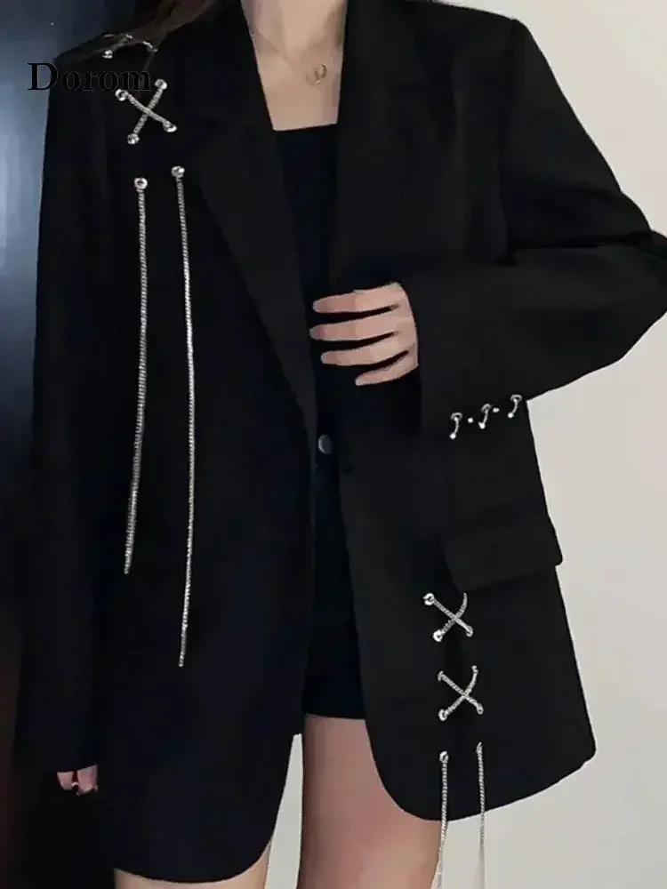 Chaqueta negra gótica Vintage para mujer, traje suelto de manga larga con cadena de estilo coreano, ropa de abrigo Harajuku para oficina, primavera