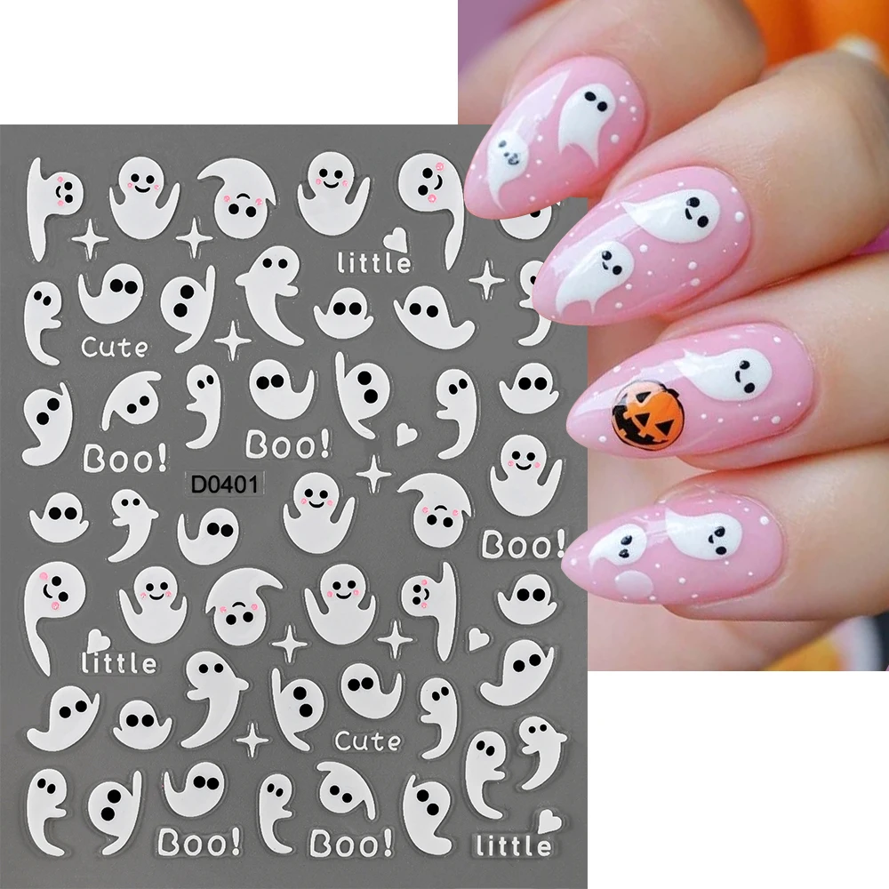 1/6Pcs 3D Pink Glitter Halloween Nail Stickers Skull Ghost Spider Web Nail Decals Halloween Party Nail Art Decorations 10*8cm
