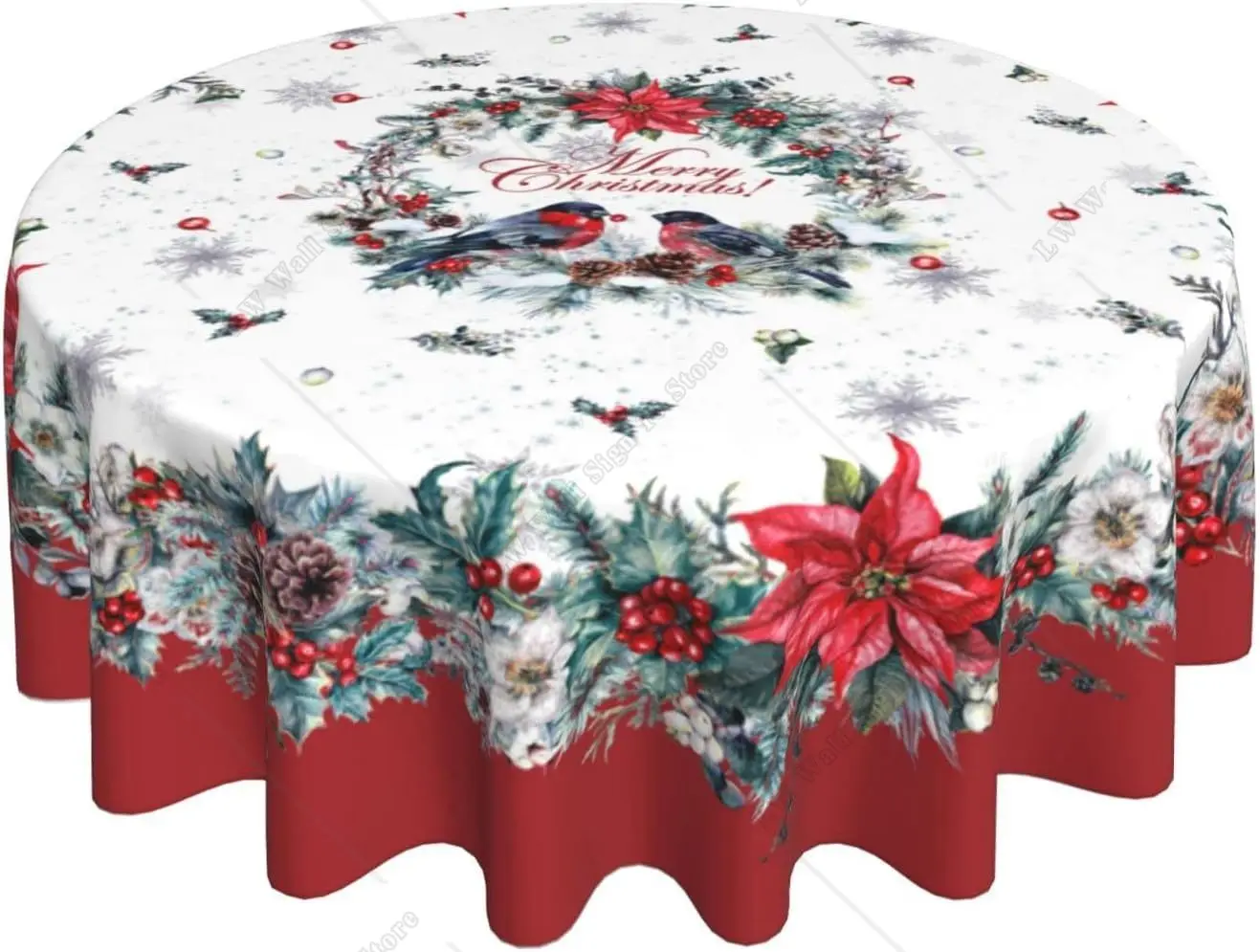 Red White Christmas Tablecloth Round 60 Inch Xmas Poinsettia Snowflake Stain-Resistant Polyester Table Cloth Winter Decorations