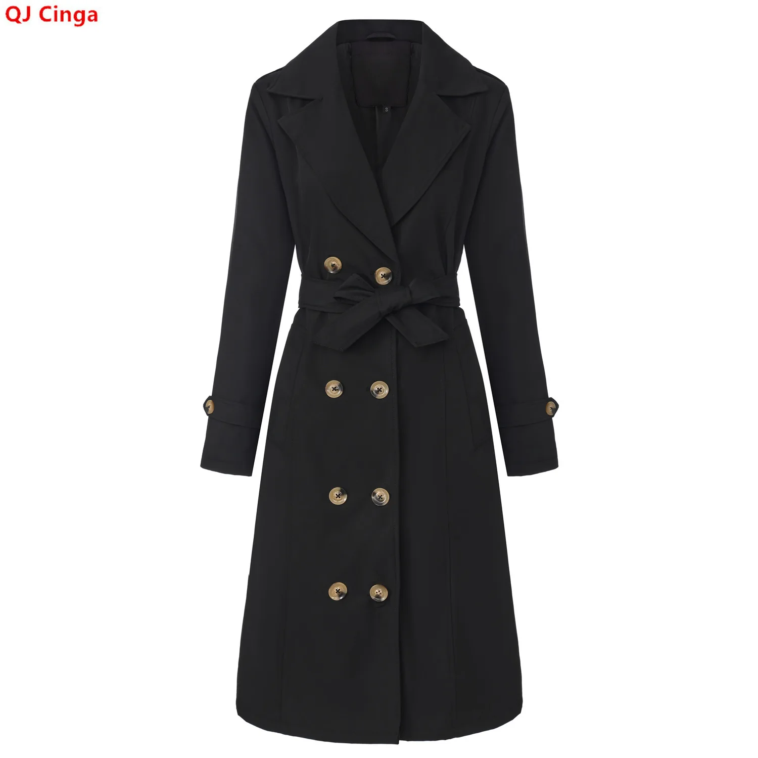 New Fall Collection: Women's Black Trench Coat; Khaki Double-breasted Lapel-collar Long Jacket with A Commuter-style Look.