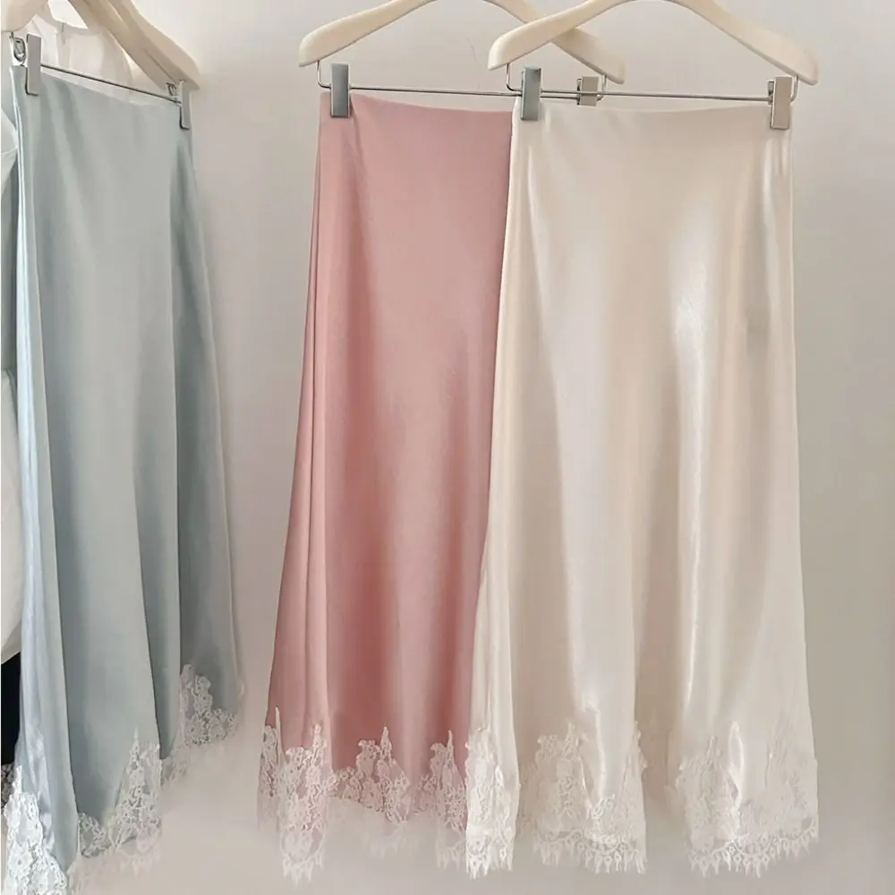 Satin-Like Fabric Satin Mermaid Skirt Lace Trim Hem High Waist a-line Long Skirt Soft Touch Flowing Drape Maxi Dress For Women