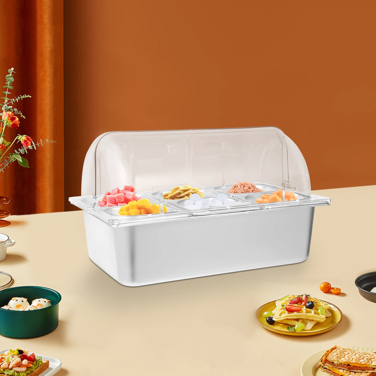 

BYMAOCAR Food Serving Display Tray W/ Clear Roll Top Cover, 6 Pans Stainless Steel Serving Tray for Countertop Food Display