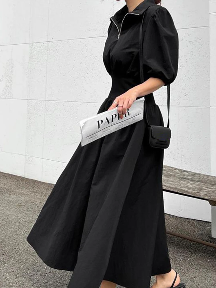 GALCAUR Casual Patchwork Zipper Dress For Women Lapel Puff Sleeve High Waist Tunic A Line Sweet Dresses Female Clothing 2025 New