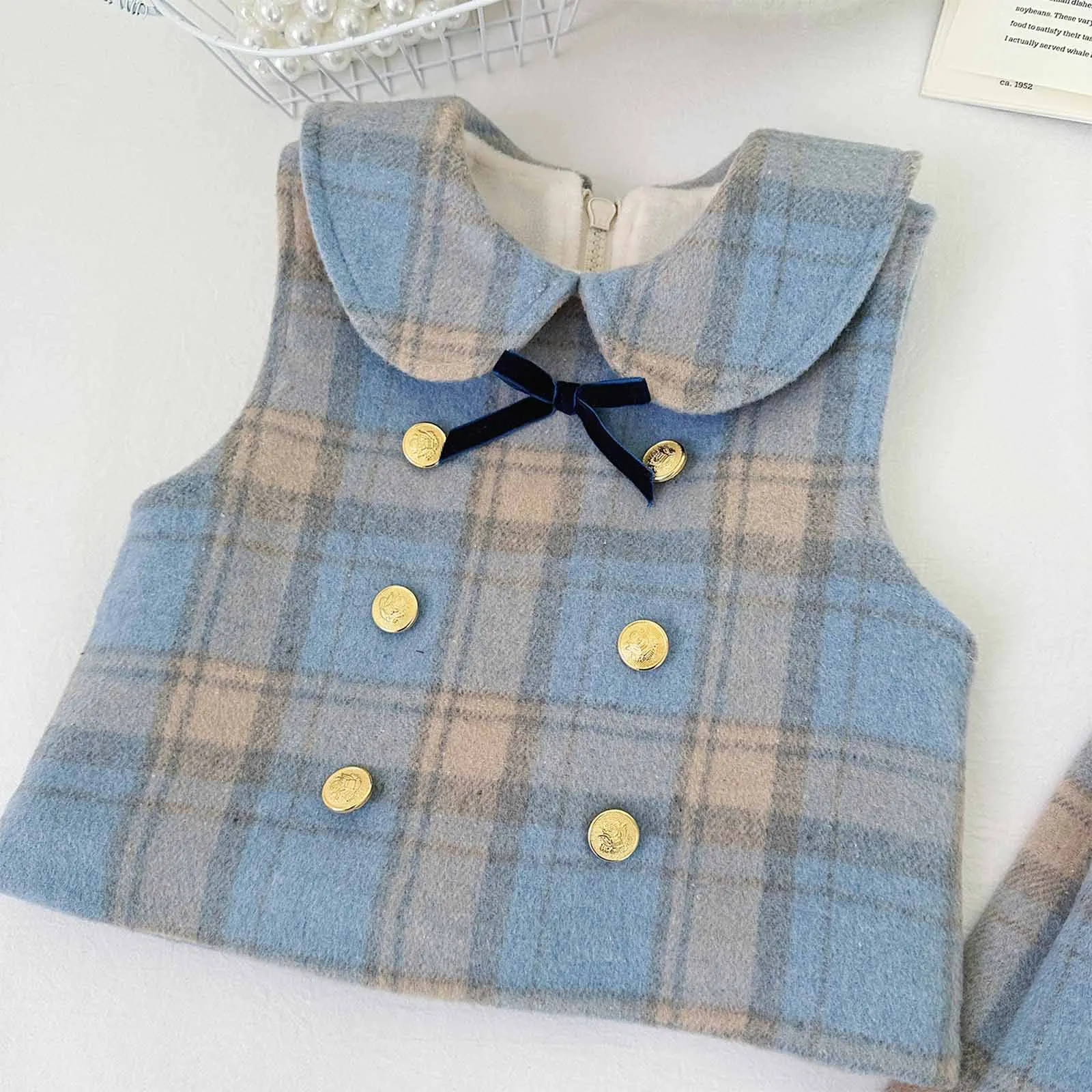 Winter Plaid Skirts Sets Kids Girls Sleeveless Bowknot Embellished Vest With Pleated Skirt For Party Photography Daily Clothing