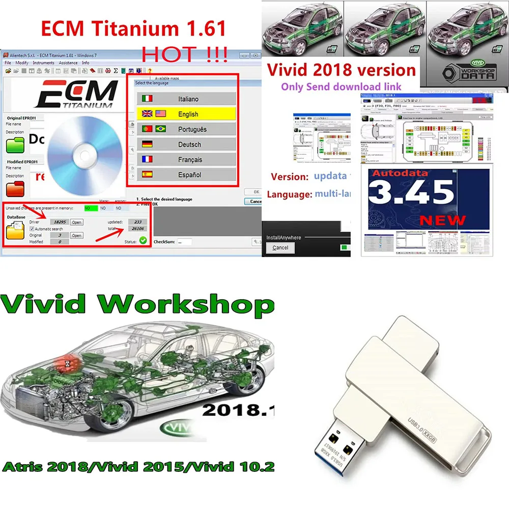 

2024 Hot ! New Vivid 2018 Workshop Auto repair software + autodata 3.45 software+ECM TITANIUM 1.61 With 26000 + Driver ECM 18259