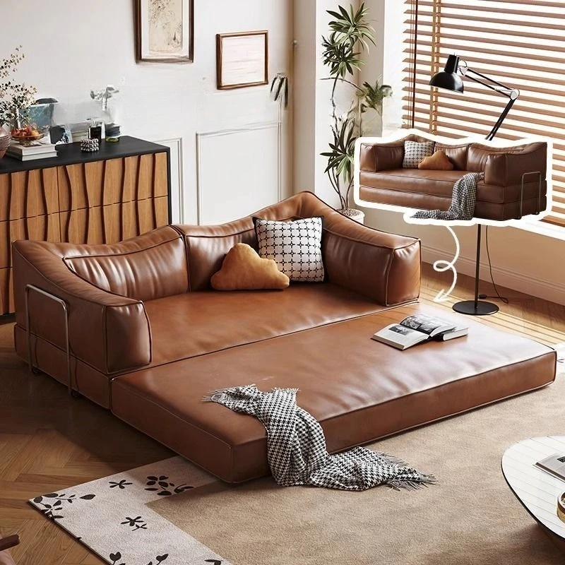 

Foldable dual-purpose pudding oil wax leather sofa, bed retro small apartment living room module sofa