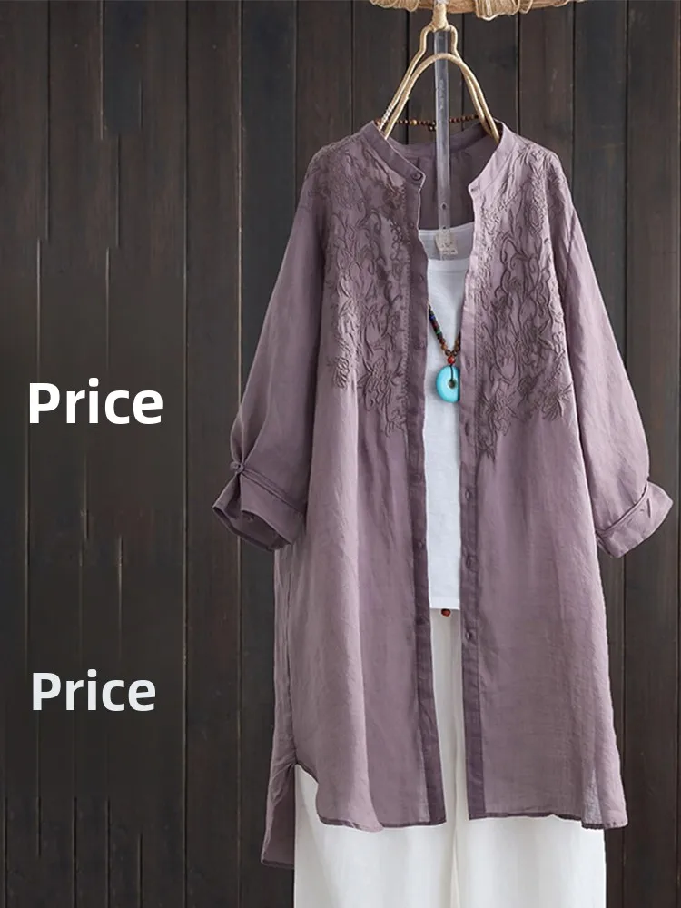 Retro Artystyczna Haftowana Lniana Sukienka Midi Duży Rozmiar Damska Asymetryczna Cienka Ochrona Przed Słońcem Otwarta...