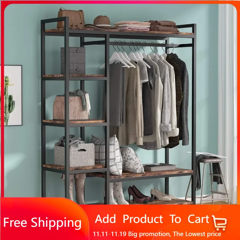 Free-standing Closet Organizer with 6 Storage Shelves and Hanging Bar, Large Standing Clothes Garment Rack