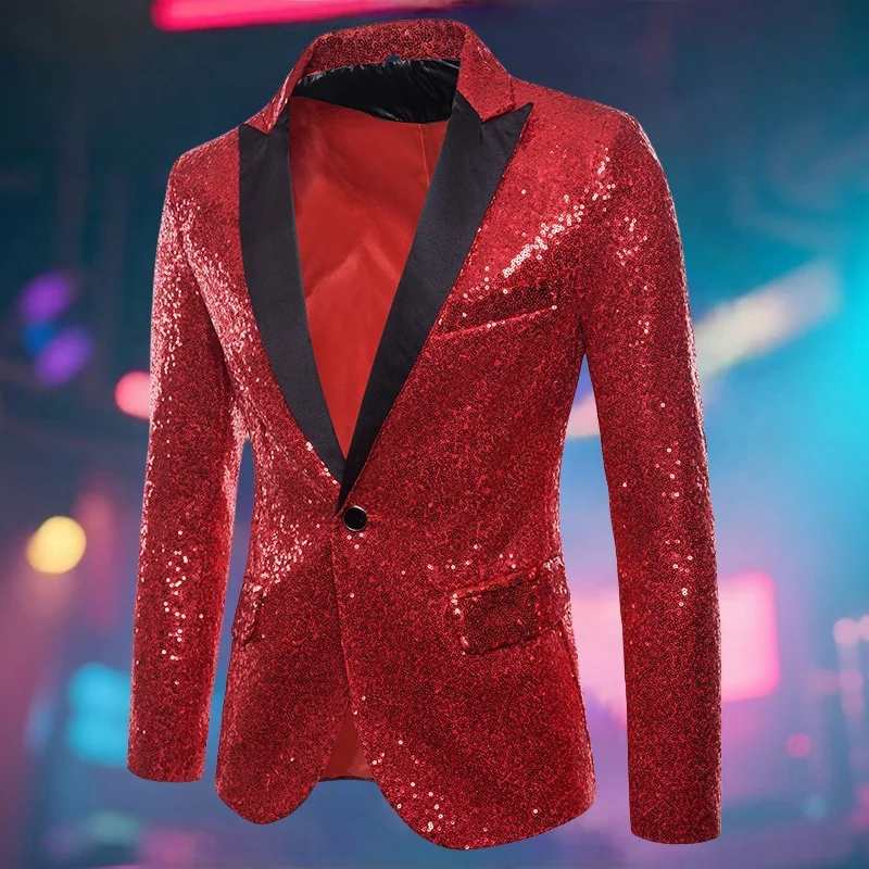 

Shiny Party Blazer Red Sequin Slim Fit by Unbranded Stage Wear with All-Over Glitter Fabric and Black Lapel