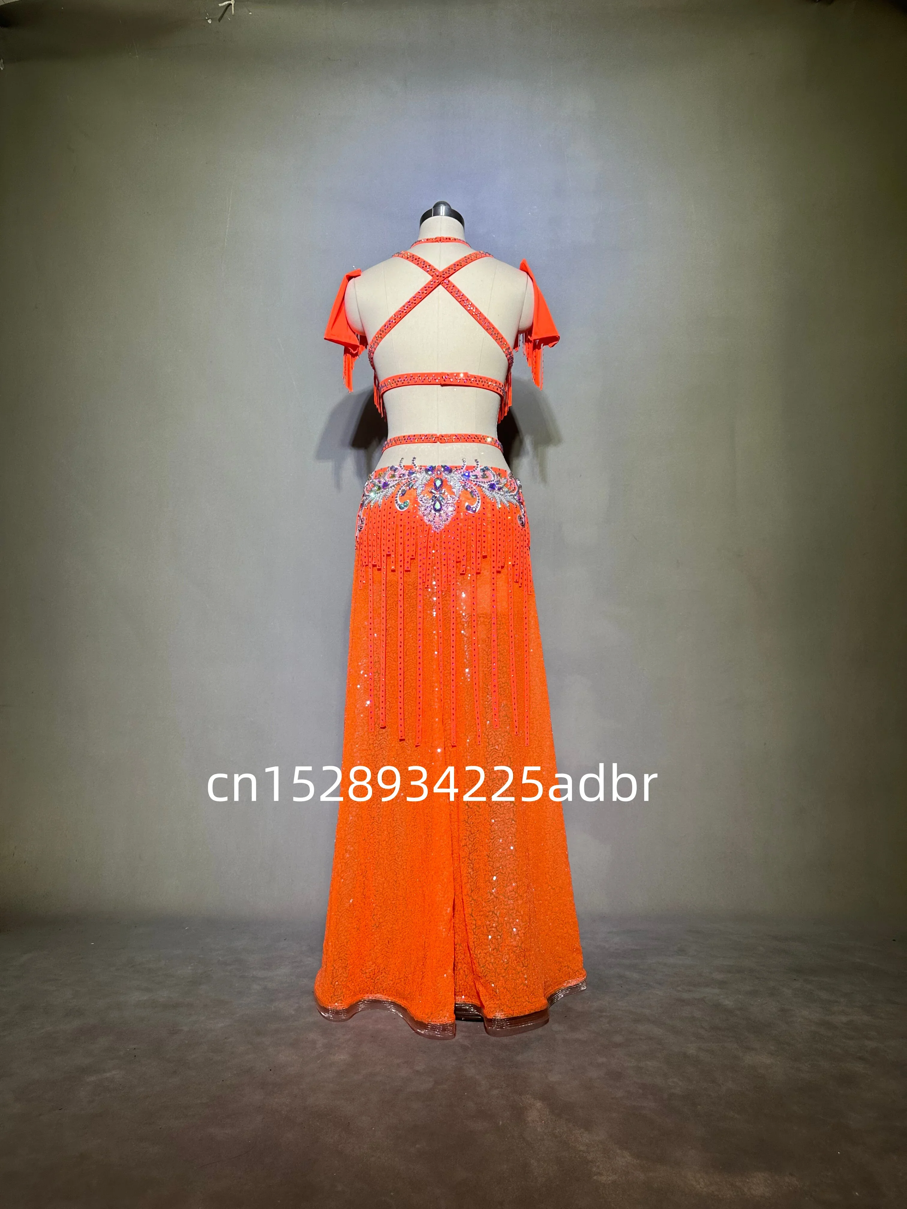 Customized Bellydance Costume Bright Orange Performance Outfit with Tassel Waistband Embroidery Wrapped Buttocks Fish Tail Skirt