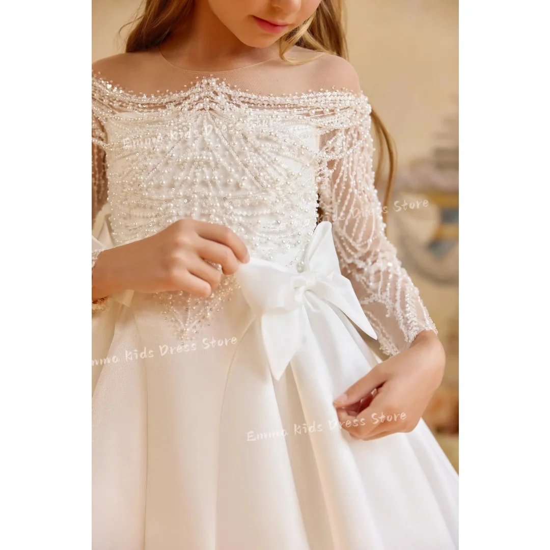 Custom Luxury White Pearl Beaded Flower Girl Dress Wedding Puffy Skirt First Communion Baby Girl Birthday Party view 3