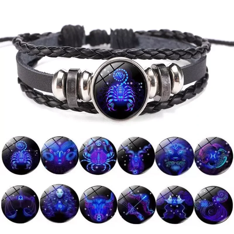 Luminous 12 Zodiac Constellation Sign Braided Couples Leather Bracelet For men Black Rope Charm Party Grow in the dark Jewelry