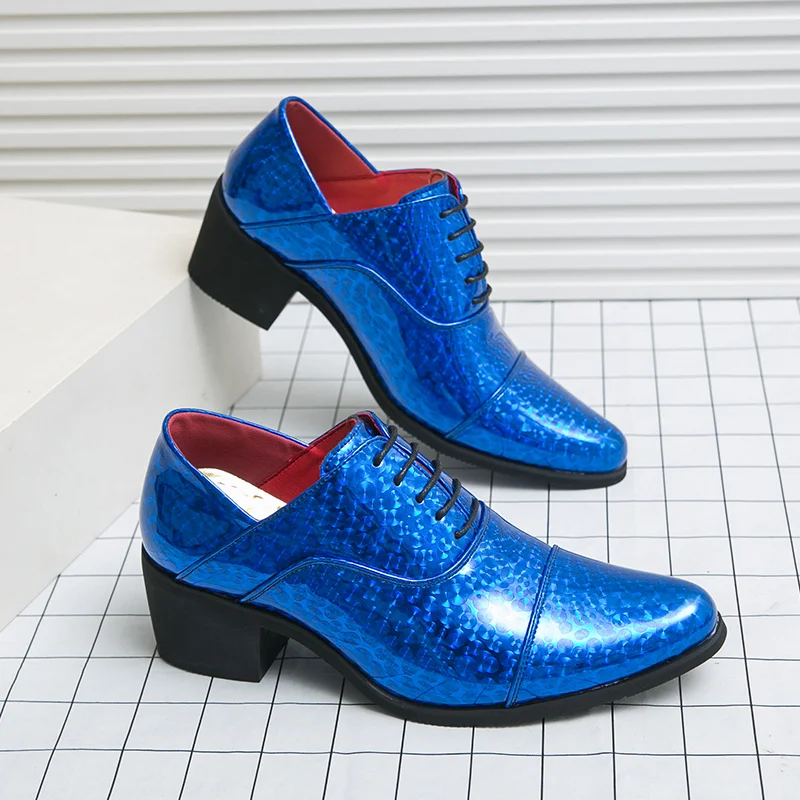 

High Quality Blue Mirrors Dress Shoes Men Pointed-Toe High Heels Evening Shoes Platform Comfortable Leather Formal Shoes For Men