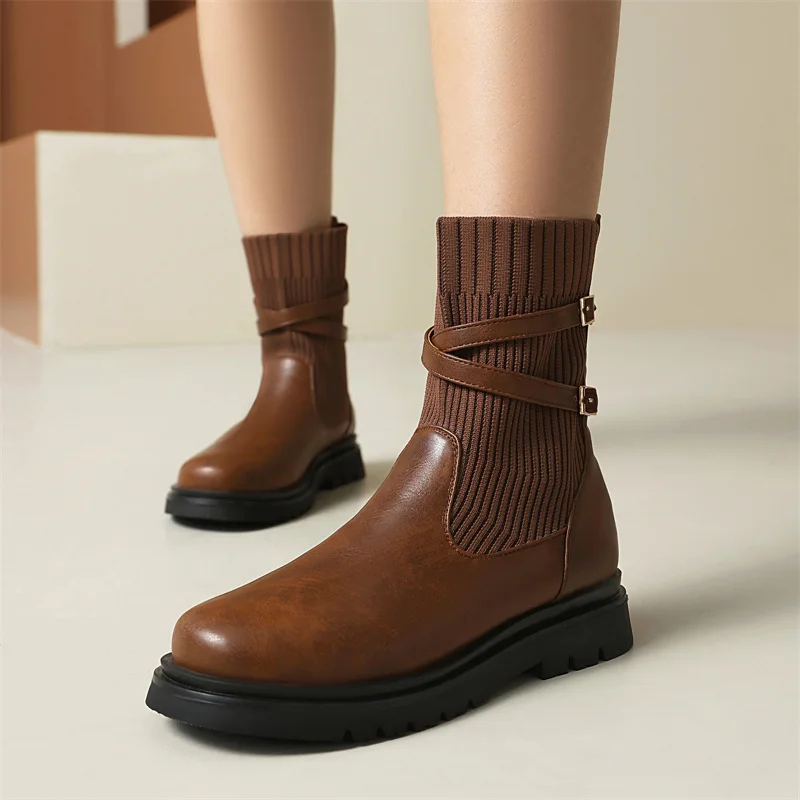 

Knitted Yarn Splicing PU Cross Thin Belt Round Toe Thick Heel Plush Inner Socks Short Boot Flat Bottom Female Student Ankle Boot