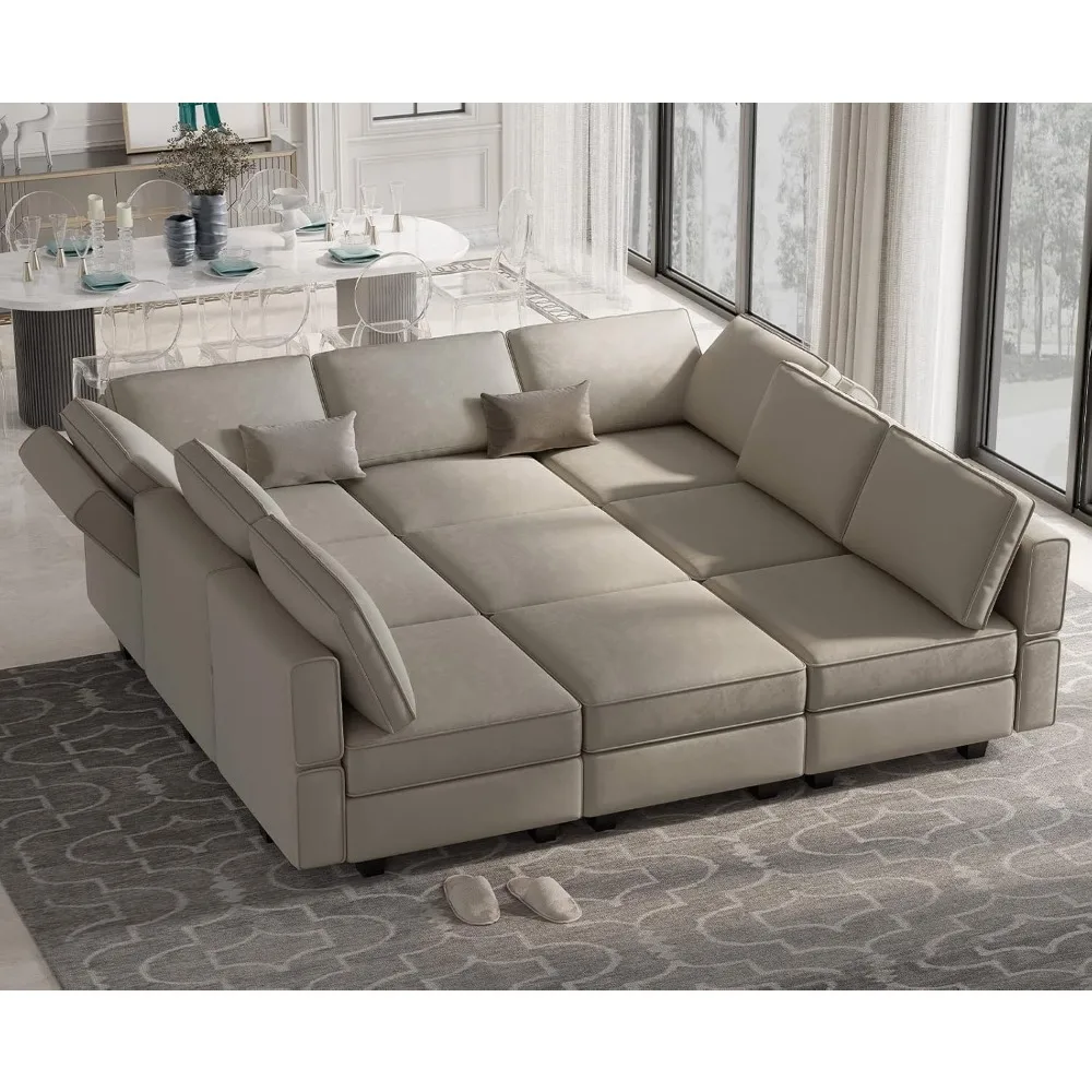 

Reversible Velvet Modular Sectional Sleeper Sofa Bed with Ottomans, Storage and Chaise - Grey, Sofa